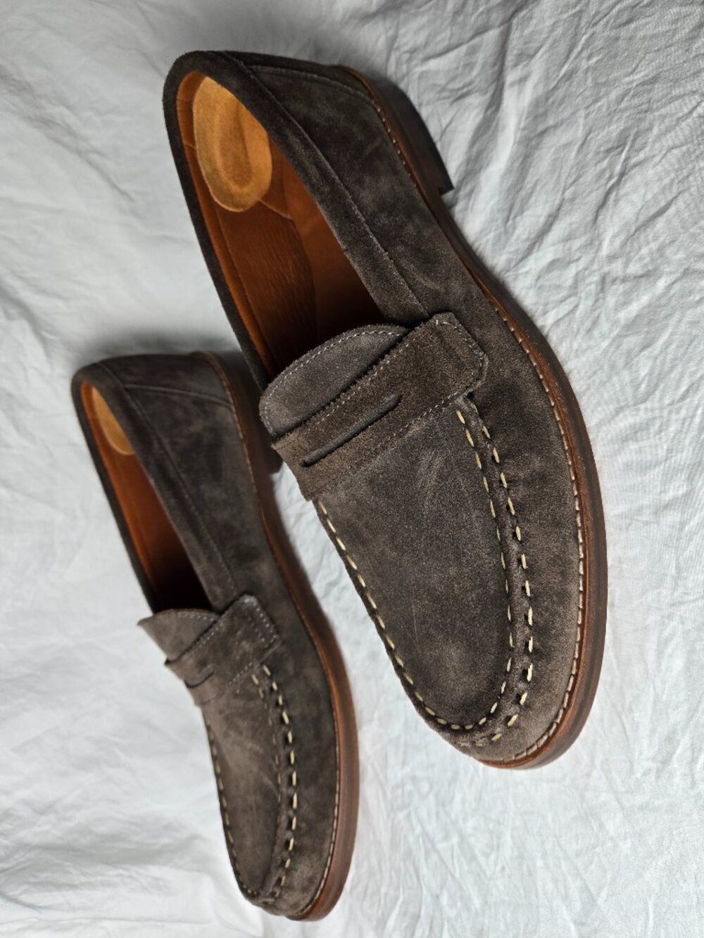 Allen Edmonds Suede Penny Loafers Taupe Gray Brown Men's 9.5 D - Picture 2 of 9